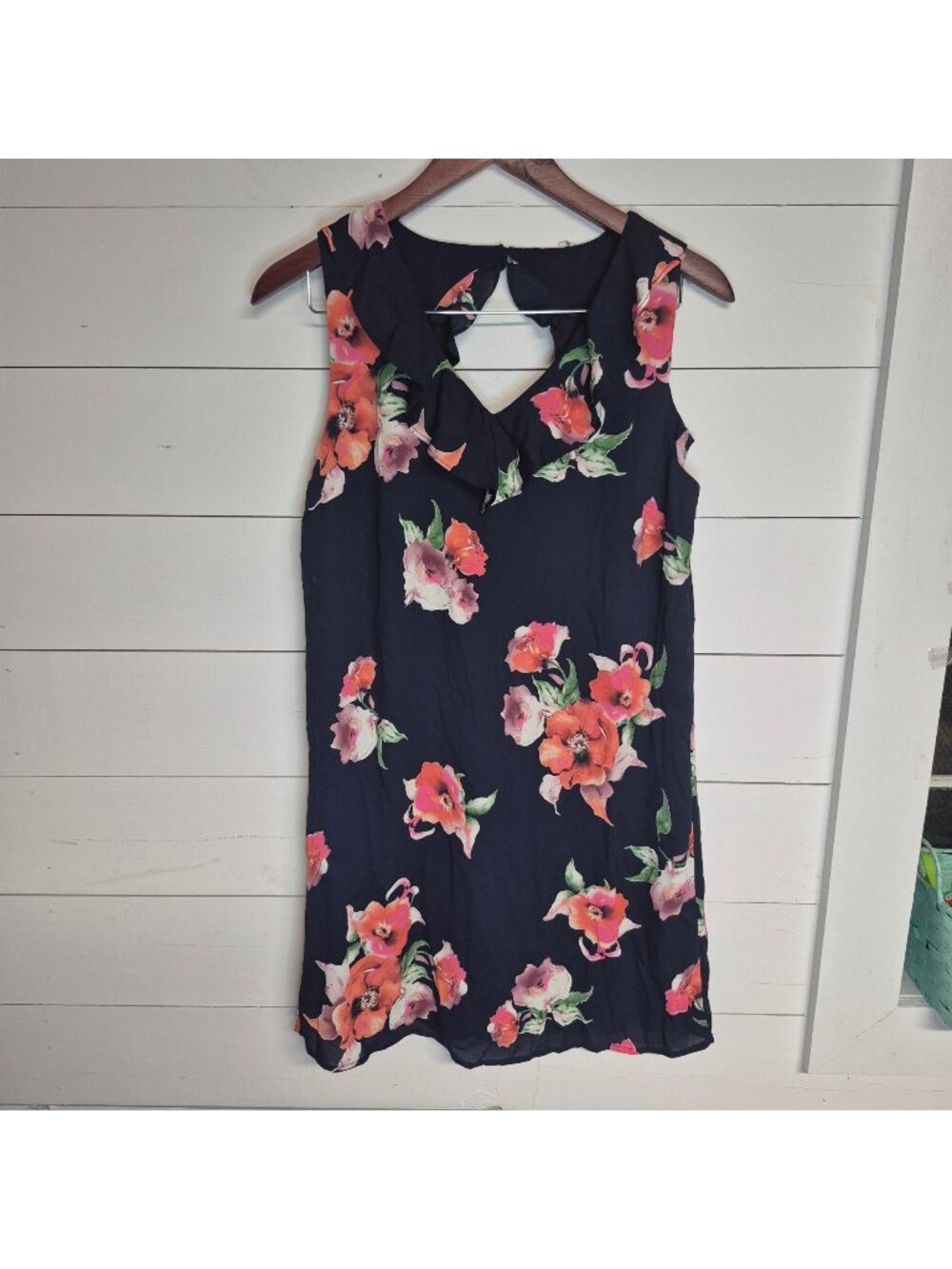 Skies Are Blue Floral Sleeveless Navy Dress With‎ Ruffle Neckline
